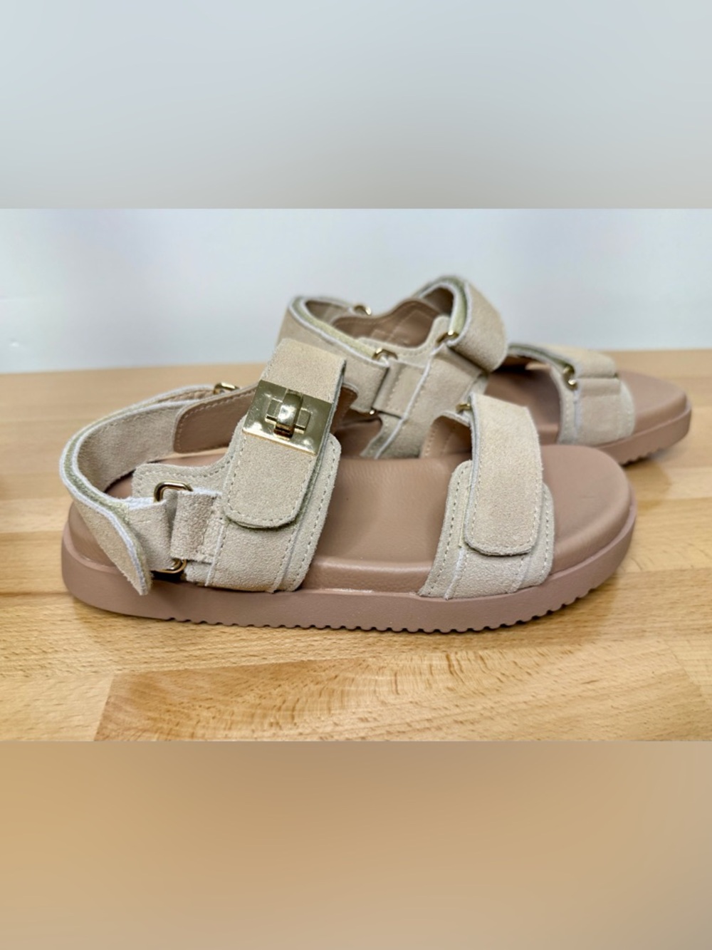 Project Cloud Beige Suede Sandals, size 5.5